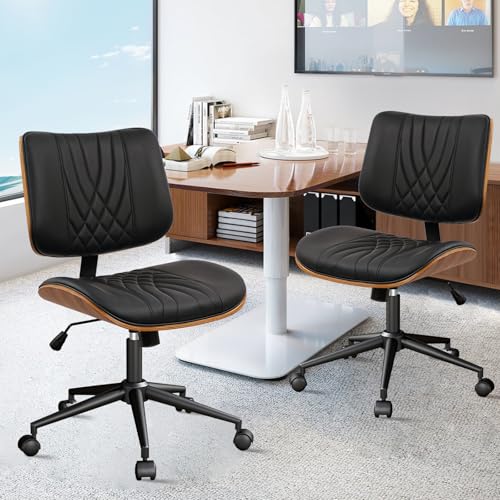 CLATINA Armless Home Office Chair, Desk Chair with Wheels, Adjustable Height Reading Chair, Leather Mid Back & Swivel Computer, Modern Walnut Chairs with Back for Study Meeting Room(Black) 4Pack