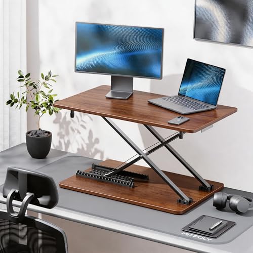 yoopin Standing Desk Converter, 25.16" × 15.75" Height Adjustable Laptop Stand for Desk, Sit Stand Monitor Stand, No Assembly Required for Home and Office Use (Natural Wood)