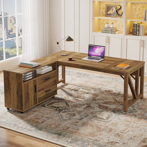 Tribesigns 63" L Shaped Executive Desk & 39" File Cabinet Set, Corner Computer Desk with Ample Storage, Large Industrial Retro Office Desk with Drawers & Shelves, for Home & Business, Rustic Brown