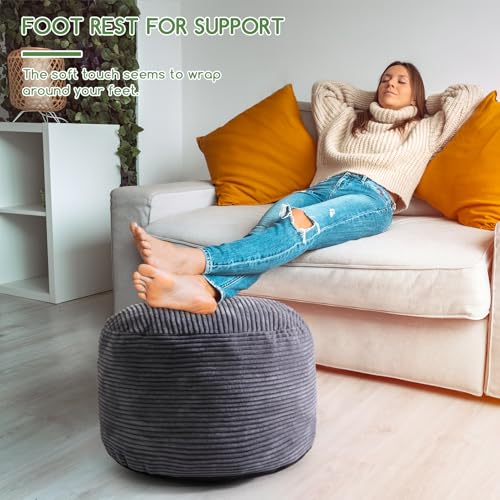 HIGOGOGO Round Stuffed Pouf Ottoman, Corduroy Poufs with Foam Chunk Filling, Furry and Fluffy Pouf Foot Stool Storage Ottoman, 20 X 15 Floor Poufs Foot Rest for Living Room, Dark Grey