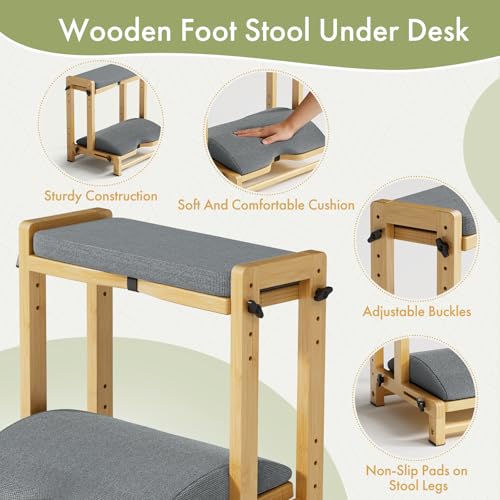 Atoping Double Step Foot Rest Under Desk, Adjustable Wooden Desk Foot Rest with 4 Heights, Ergonomic Foot Stool with Cushion for Office, Gaming & Study (Natural Color)