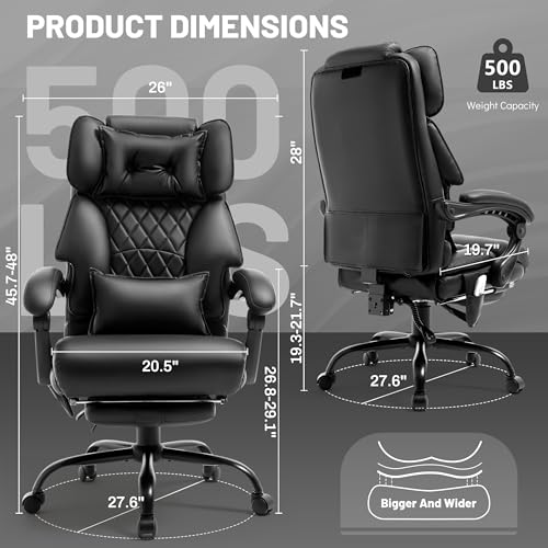 Massage Office Chair with Foot Rest,6 Points Vibration&Heat Executive Office Chairs,Big and Tall Leather Office Chair 500LBS,Ergonomic Desk Chair for Heavy People,Home and Office Computer Chair,Black