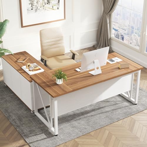 Tribesigns 63-Inch Executive Computer Desk with 47-Inch Lateral File Cabinet, Large Workstation Business Furniture, L Shaped Desk with Drawers and Storage Shelves for Home Office, Walnut & White
