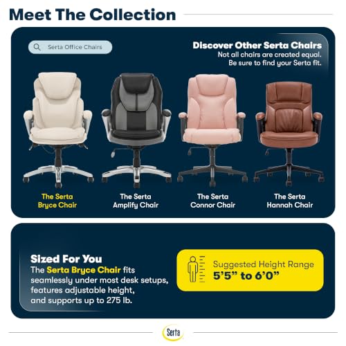 Serta Bryce Executive Office Chair - Ergonomic Computer DeskChair with Lumbar Technology - Adjustable Height - Memory Foam Body Pillows - 360° Swivel Rolling Base - Bonded Leather - Cream