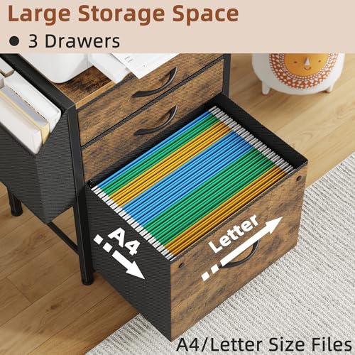 HIGDBFE 3 Drawer File Cabinet with Charging Station, 45''H, 3-Tier Small Filing Cabinet for Home Office, 11''*16'' for Small Printer, Fabric Drawer Fits Letter/A4, Tall Printer Stand, Rustic Brown