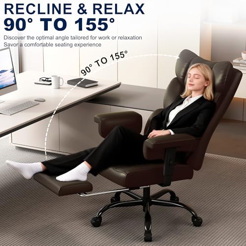 Misolant Big and Tall Office Chair with Footrest, High Back Executive Desk Chair with Adjustable Lift Armrest, 155°Recline，Lumbar Support Pillow, Faux Leather Gaming Chairs for Home or Office Brown