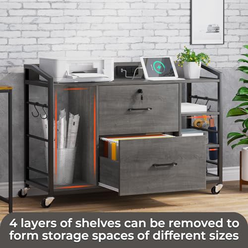 SEDETA 44" File Cabinet, Filing Cabinet fits Legal/Letter Size, 2 Drawer File Cabinets for Home Office with Lock, Power Strip, 6 Storage Shelves, Grey