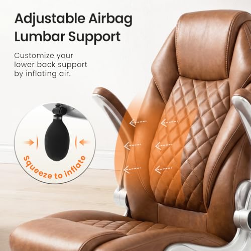 NEO CHAIR Executive Office Chair High Back Ergonomic Computer Desk Chair with Adjustable Lumbar Support Padded FILP-up Arms PU Leather Comfy Task Tilt Swivel for Home (Brown)