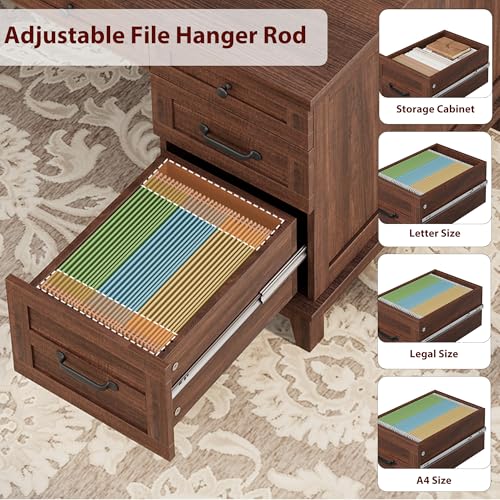 GarveeHome Executive Desk with File Drawers, Farmhouse Home Office Desk with Charging Station, 60 in Wooden Computer Desk with Cabinet Storage for Work Study Writing, Walunt Brown