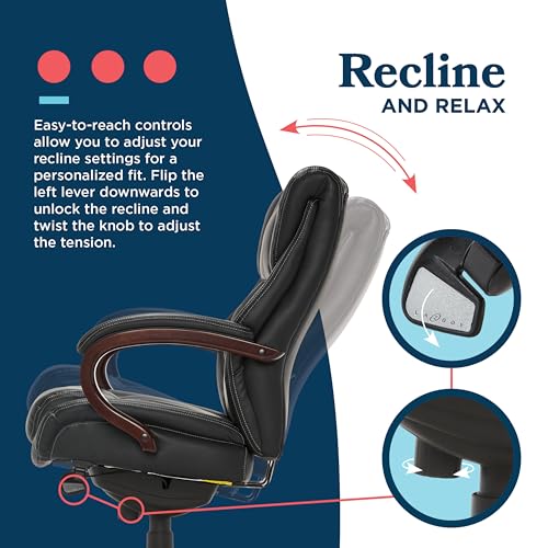 La-Z-Boy® Bellamy Executive Office Chair with Memory Foam Cushions, Real Wood Arms and Swivel Base, Waterfall Seat Edge, Faux Bonded Leather, Black