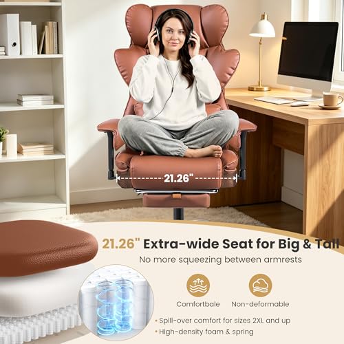 Stella Mia Big & Tall Executive Office Chair 400 LBS, Ergonomic High Back Heavy Duty Computer Chair with Retractable Footrest and Wide Seat, for Heavy People, Brown
