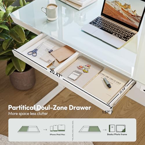 BANTI Electric Standing Desk with Drawers, 48 inch Whole-Piece Glass Desktop, Height Adjustable Stand up Sit Stand Home Office Ergonomic Workstation, White Tabletop