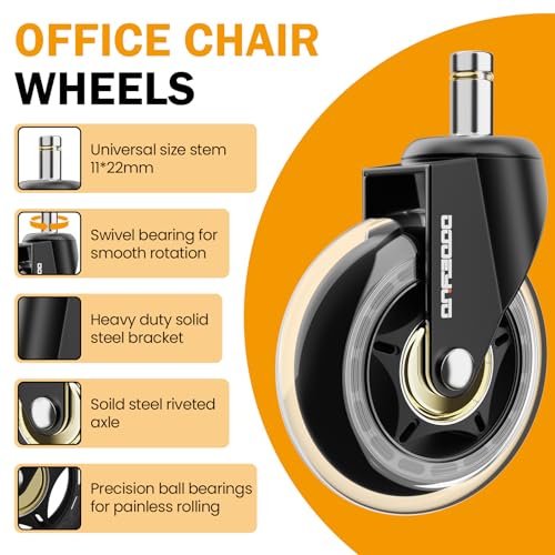3-Inch Office Chair Caster Wheels for IKEA Chairs, 660 LBS（300kg Capacity, Heavy Duty Nylon Stem 3/8"-7/8", Transparent Rubber Wheels, Quiet & Smooth Rollers, Suitable for Hardwood Floors, Set of 5