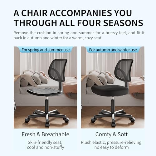 KSYEBT Small Office Desk Chair, Ergonomic Adjustable Home Office Swivel Chairs with Wheels, Comfy Mesh Rolling Computer Desk Task Armless Chair for Home, Bedroom, Study, Adults, Classic Black