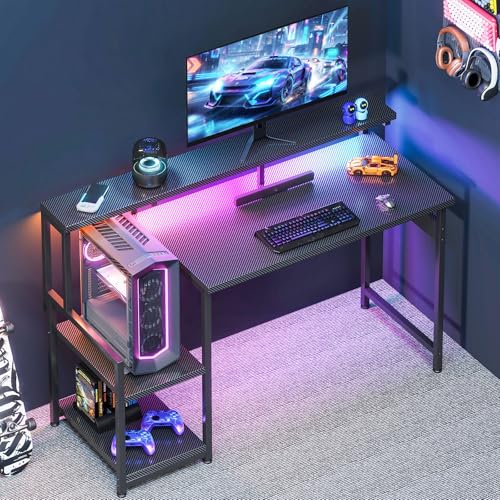 AODK 48 Inch Gaming Desk with LED Lights, Computer Desk with Storage Shelves, Reversible Desk with Monitor Stand, Carbon Fiber Black