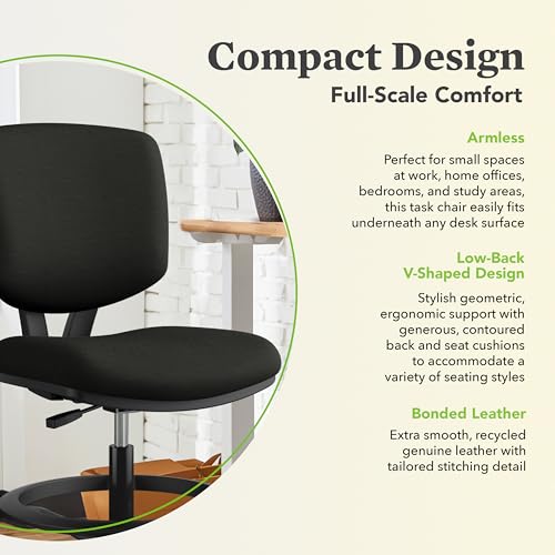 HON Volt Standing Desk Chair with Bonded Leather Seat and Back, Armless Ergonomic Task Stool with Adjustable Footring and Center‑Tilt Recline for Sit‑Stand Workstations, Black