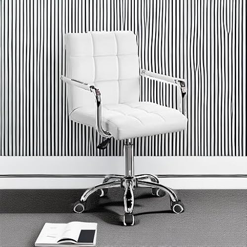 Furmax Vanity Office Chair with Wheels, Makeup PU Leather Executive Chair Modern Adjustable Home Desk Retro Comfortable Work Chair 360 Degree Swivel with Arms (White)