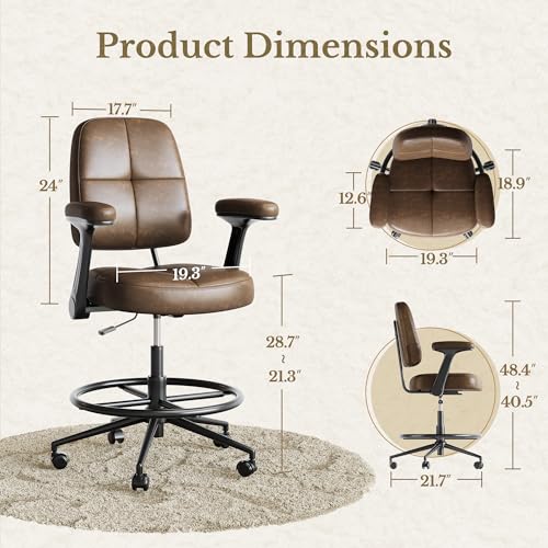 Perledesign Drafting Executive Chair, Tall Office Chair with Padded Flip-Up Armrests, Mid-Back Cushioned Seat, 360° Swivel Rolling Computer Desk Chair for Standing Desk & Home Office, Vintage Brown