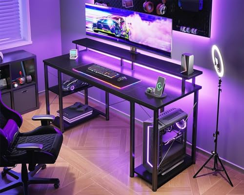 ODK 48 inch Gaming Desk with LED Lights, Computer Desk with Monitor Stand & Storage Shelves, CPU Stand, Home Office Desk, Black