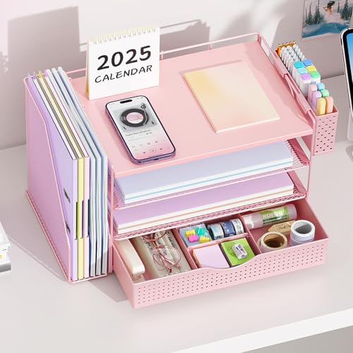 gianotter Wood Desk Organizers and Accessories with File Holder, 4-Tier Desk Accessories & Workspace Organizers with Drawer and Pen Holder, Desk Reference Organizer (Pink, 4T with Drawer)