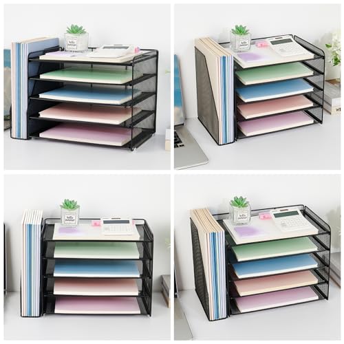 OPNICE Desk Organizers and Accessories, 5-Tier Paper Organizer Letter Tray with Magazine Holder, Office Desk Accessories & Workspace Organizers, Desktop File Organizer for Office Supplies, Black