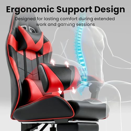 Ray Bear Gaming Chair, Ergonomic Computer Chair with Footrest and Lumbar Support, Height Adjustable Office Chair with 360° Swivel Seat and Headrest (Red & Black)