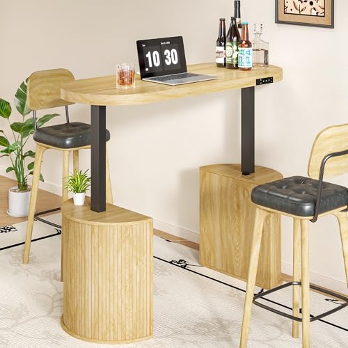 Xyulmeo Mid Century Modern Electric Standing Desk with Storage, 55 x 22 Inch Small Sit Stand Up Desk, Wood Adjustable Height Computer Executive Desk for Home Office, Laptop, Oak