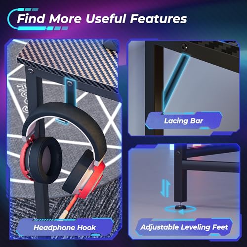 Huuger L Shaped Gaming Desk with Power Outlets & LED Lights, Computer Desk with Monitor Shelves, Carbon Fiber Surface, Home Office Desk, Corner Gaming Desk with Hooks, Carbon Fiber Black