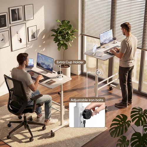 Furmax 31.4" Small Portable Standing Desk Height Adjustable with Lockable Wheels, Mobile Stand Laptop Computer Workstation for Walking Pad Treadmill (White)