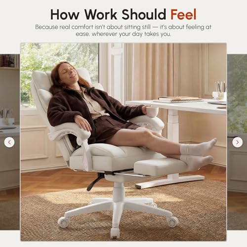 Dowinx Big and Tall Office Chair with Pocket Spring Cushion,High Back Computer Gaming Chairs with Linkage Armrests,Executive Desk Chairs with Footrest,PU Leather-White