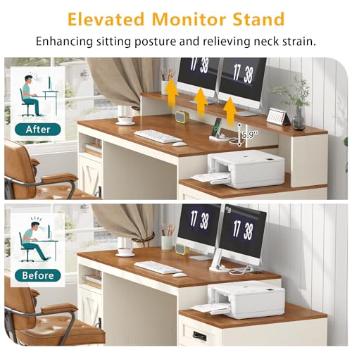 TVU Farmhouse Computer Desk with Drawers, 65'' Home Office Desk with Power Outlets, Storage Cabinet and Printer Stand, Study Writing Desks with Long Monitor Stand, Brown and White