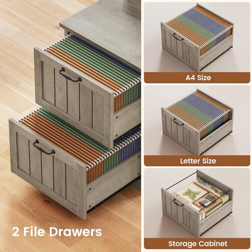 SEDETA 63" L Shaped Desk with Drawers, Farmhouse Corner Computer Desk, Wood Office Desk with File Drawers with Storage, Executive Desk with Monitor Stand and Storage Cabinet, Grey