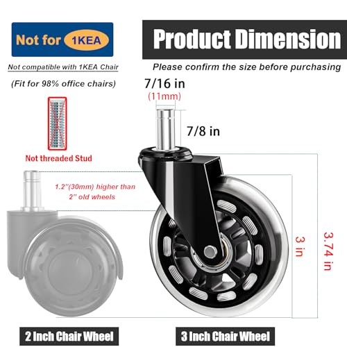 TESUMI Office Chair Wheels 3" Inch Roller Blade Rubber Chair Casters Replacement, Heavy Duty Quiet No Scratch Gaming Chair Wheel for Hardwood Floor Carpet, Set of 5, 11mm Universal Fit/Not for 1KEA