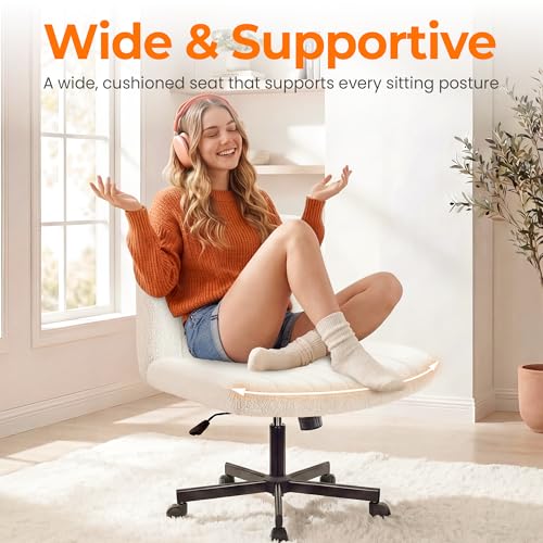 NEO CHAIR Criss Cross Chair with Wheels Home Office Cross Legged Armless Chairs Adjustable Computer Desk Wide Seat for Bedroom Vanity Comfy Swivel (Teddy White)