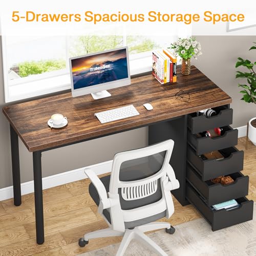 Tribesigns Computer Desk with 5 Drawers, 47 inches Rustic Brown Home Office Desk with Storage, Modern Simple Laptop Desk Study Writing Table for Small Spaces (1, Brown+Black)
