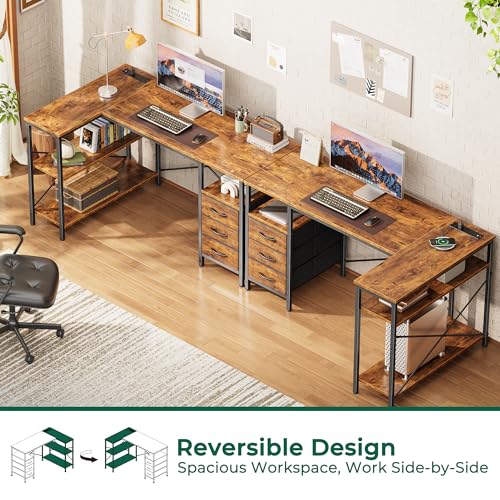Huuger L Shaped Office Desk with Power Outlets, 47 Inch Computer Desk with 3 Drawers, Shelves, for Gaming, Corner Work, Home Office, Study, Rustic Brown