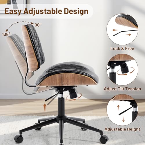 KBEJDBS Walnut Bentwood Mid Back Armless Office Chair 1 Pack, Adjustable Height PU Leather Swivel Desk Chair with Wheels, Rolling Computer Task Chair for Home Office, Study, Meeting Room