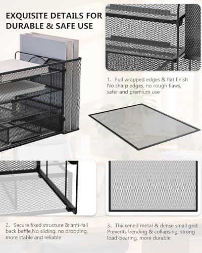 WALI Bundles- Computer Monitor Stand for Desk and Desk File Organizer, 4 Tier Desktop Paper Letter Tray Organizer with Drawer and 2 Pen Holders (STT003+DO005DH-B)
