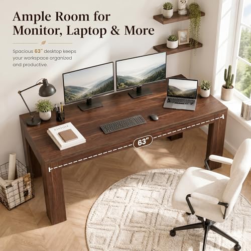 Tribesigns 63 in. Long Office Desk with Spacious Tabletop,Wooden Computer Desk with Sturdy Legs and Front Baffle,Modern Workstation for Home Office,Walnut