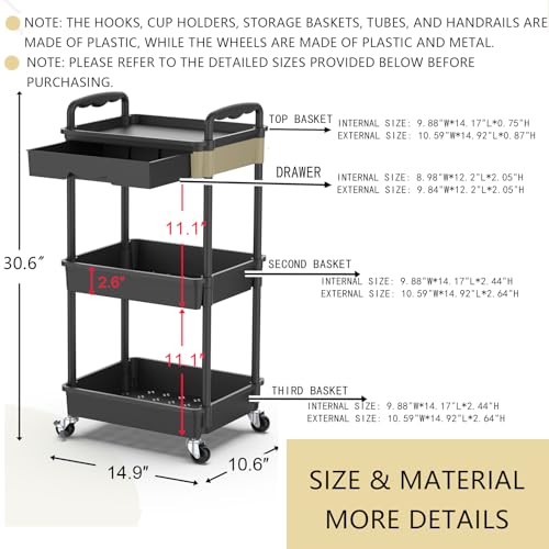 Goovilla 3 Tier Rolling Utility Cart Organizer with Removable Drawer, Stable and Sturdy Black Rolling Storage Carts with 2 Lockable Wheels for Bathroom, Kitchen, Snack, Craft, Makeup, Baby Essentials
