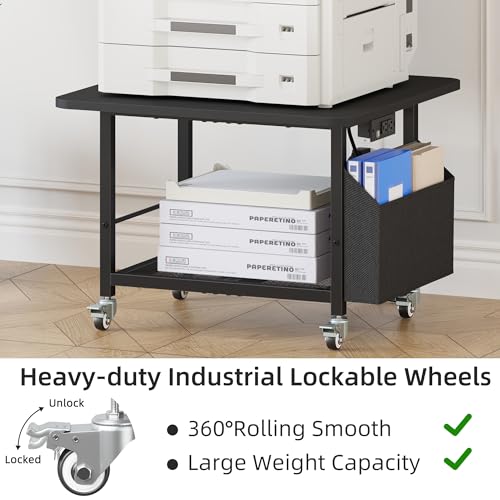 YAOHUOO 23.6"×23.6" Large Printer Stand with Power Outlet, Printer Table with Storage Side Pocket, Heavy Duty Rolling Cart for Home Office 3D Printer/Laser/Heat Press Table, Black