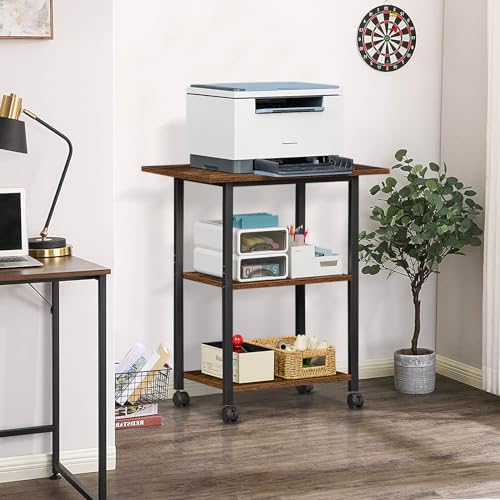 Lerliuo 3-Tier Printer Stand, Industrial Mobile Printer Table with Storage Shelf and Steel Frame, Rolling Printer Cart Holder with Lockable Wheels for Home, Office (Brown)