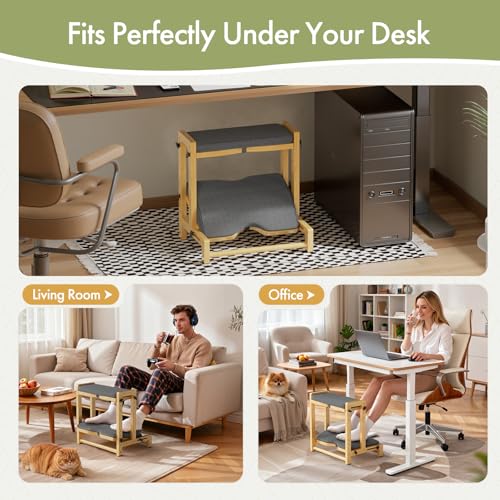 Atoping Double Step Foot Rest Under Desk, Adjustable Wooden Desk Foot Rest with 4 Heights, Ergonomic Foot Stool with Cushion for Office, Gaming & Study (Natural Color)