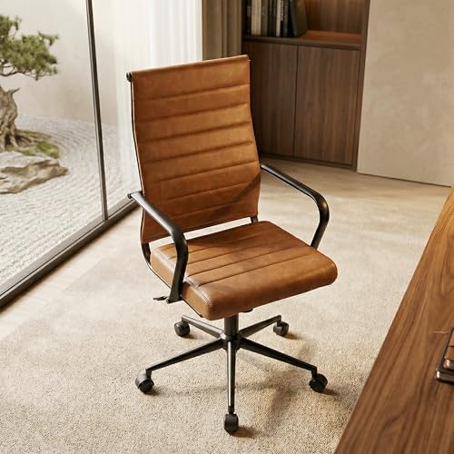 Okeysen Leather Office Desk Chair, Mid-Century Modern Leather Conference Room Chairs, Ergonomic Executive Ribbed Height Adjustable Swivel Rolling Chair for Home Office.