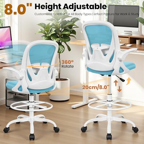 Primy Drafting Chair Tall Office Chair with Flip-up Armrests Executive Ergonomic Computer Standing Desk Chair with Lumbar Support and Adjustable Footrest Ring（Blue）