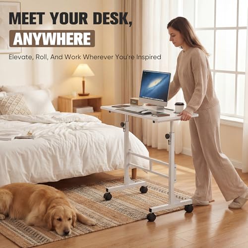 Furmax 31.4" Small Portable Standing Desk Height Adjustable with Lockable Wheels, Mobile Stand Laptop Computer Workstation for Walking Pad Treadmill (White)