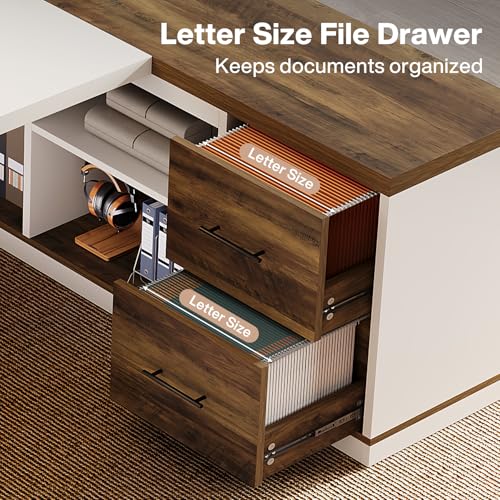 Tribesigns 78.7" L-Shaped Executive Desk, Modern Office Desk with 55.1" Storage Cabinet, Large Computer Table with Drawers, Business Furniture Workstation for Home Office, Brown & White
