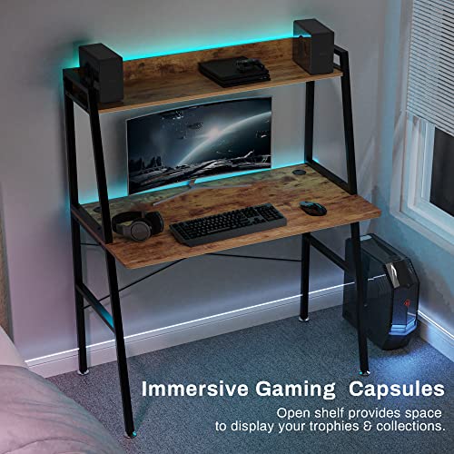 EUREKA ERGONOMIC,43 Inch 2-Tier Home Office Students Study Writing PC Gaming Table with Bookshelf Small Computer Ladder Desk with Storage Shelves,Modern Workstation for Space Saving, Rustic Brown