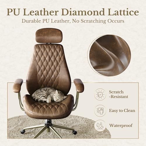 Perledesign High Back Office Chair with Lumbar Support - Ergonomic Executive Desk Chair, Adjustable Swivel Computer Chair in Premium Faux Leather for Home Office Comfort, Brown