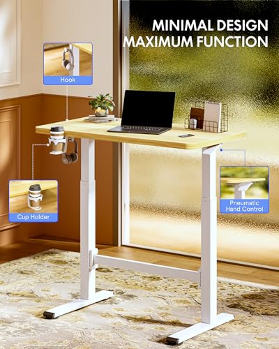 FLEXISPOT H7 Plus Gas Spring Adjustable Standing Desk, Mobile Rolling Sit-Stand Workstation with Wheel, Cordless Stand Up Desk for Small Room & Home Office 32" One-Piece Desktop Maple,height 27.6"–45"